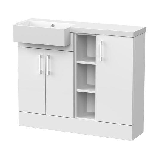 [BFFLR106L] Wichnor Contemporary Floor Standing Compact 3 Door Combination Vanity Basin Unit with Open Shelves and Polymarble Basin, 1000mm, Left Hand, Matt White - Cutout