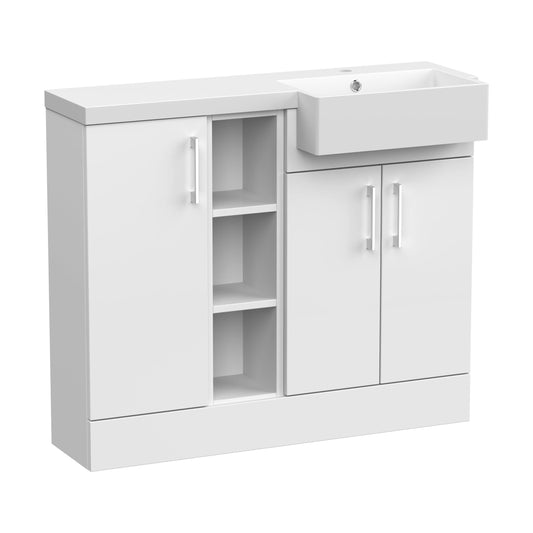 [BFFLR106R] Wichnor Contemporary Floor Standing Compact 3 Door Combination Vanity Basin Unit with Open Shelves and Polymarble Basin, 1000mm, Right Hand, Matt White - Cutout