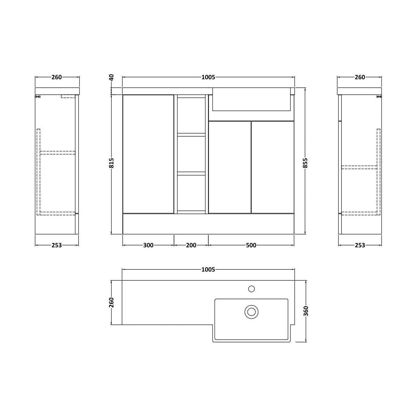 [BFFLR106R] Wichnor Contemporary Floor Standing Compact 3 Door Combination Vanity Basin Unit with Open Shelves and Polymarble Basin, 1000mm, Right Hand, Matt White - Technical Drawing