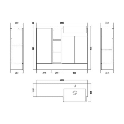 [BFFLR106R] Wichnor Contemporary Floor Standing Compact 3 Door Combination Vanity Basin Unit with Open Shelves and Polymarble Basin, 1000mm, Right Hand, Matt White - Technical Drawing