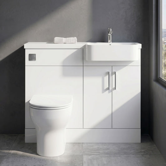 [BFFLR107R] Wichnor Contemporary Floor Standing Compact 2 Door Vanity Basin WC Unit with Polymarble Basin, 1100mm, Right Hand, Matt White - Silo