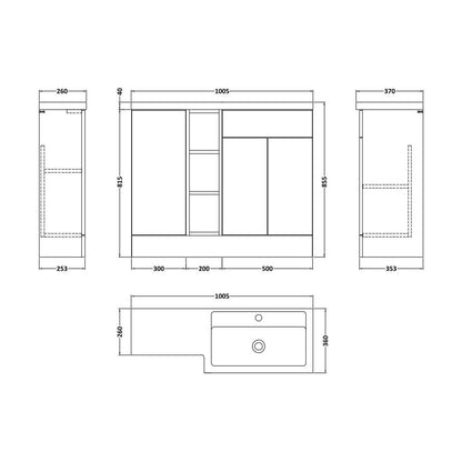 [BFFLR108R] Wichnor Contemporary Floor Standing 3 Door Vanity Basin WC Unit with Polymarble Basin, 1000mm, Right Hand, Matt White - Technical Drawing