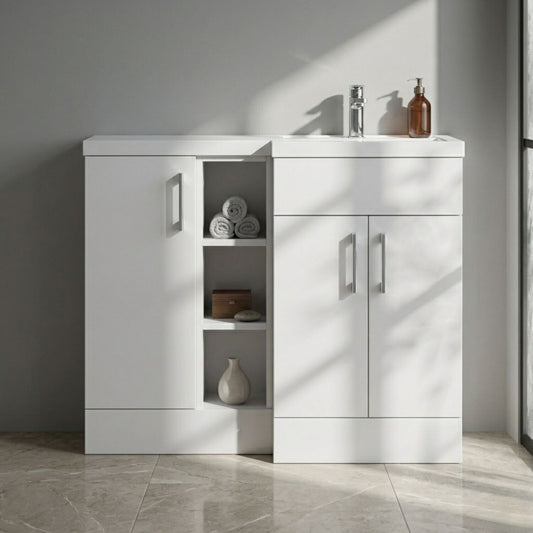 [BFFLR108R] Wichnor Contemporary Floor Standing 3 Door Vanity Basin WC Unit with Polymarble Basin, 1000mm, Right Hand, Matt White - Silo