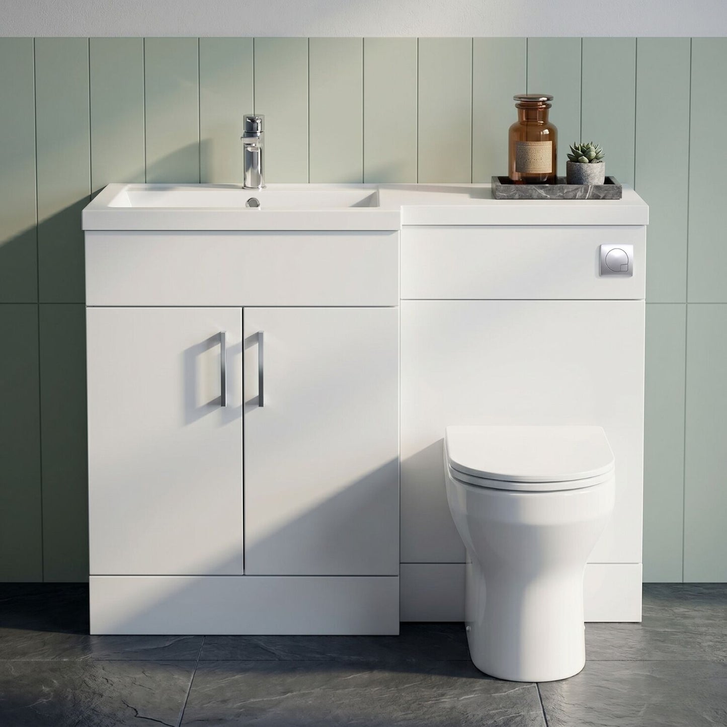 [BFFLR109L] Wichnor Contemporary Floor Standing 2 Door Vanity Basin WC Unit with Polymarble Basin, 1100mm, Left Hand, Matt White - Silo
