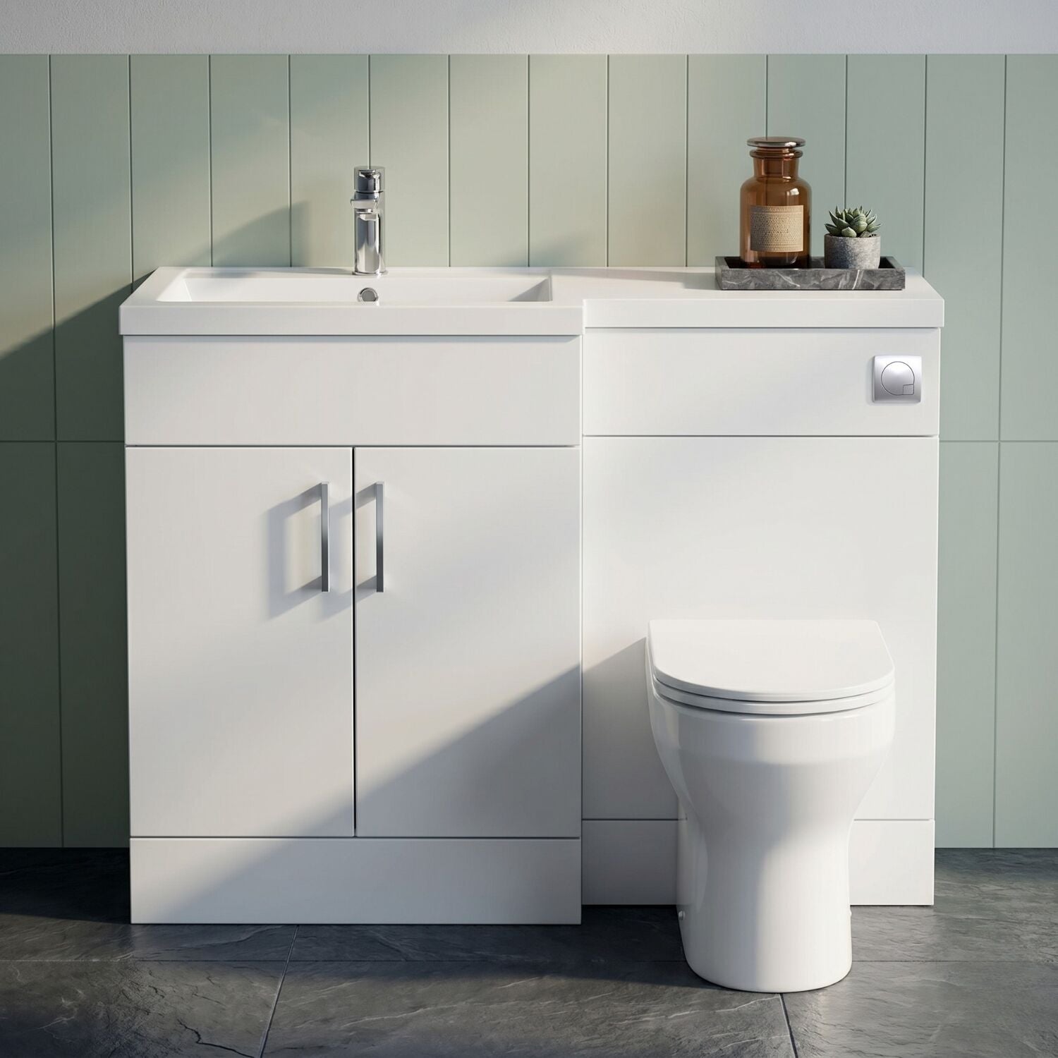 [BFFLR109L] Wichnor Contemporary Floor Standing 2 Door Vanity Basin WC Unit with Polymarble Basin, 1100mm, Left Hand, Matt White - Silo