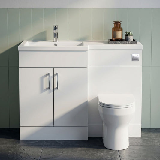 [BFFLR109L] Wichnor Contemporary Floor Standing 2 Door Vanity Basin WC Unit with Polymarble Basin, 1100mm, Left Hand, Matt White - Silo