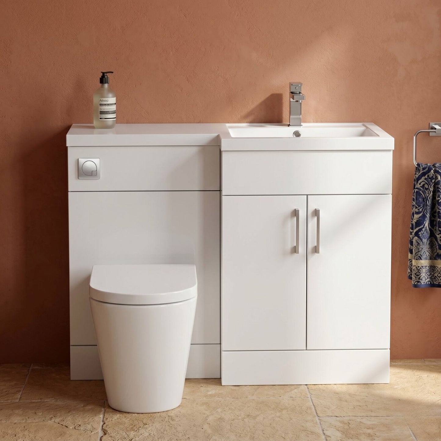 [BFFLR109R] Wichnor Contemporary Floor Standing 2 Door Vanity Basin WC Unit with Polymarble Basin, 1100mm, Right Hand, Matt White - Silo