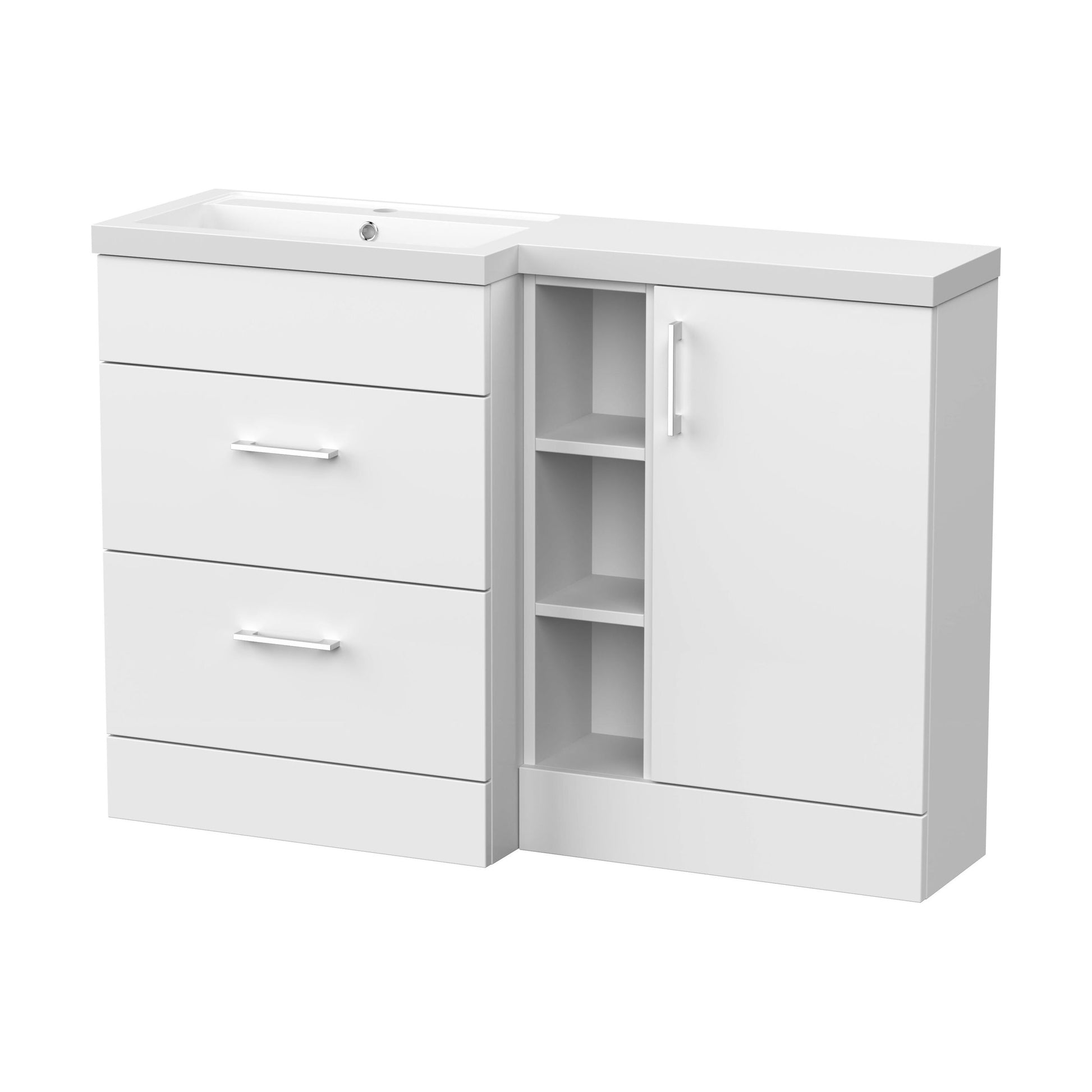 [BFFLR110L] Wichnor Contemporary Floor Standing 1 Door, 2 Drawer Vanity Basin Unit with Open Shelf and Polymarble Basin, 1200mm, Left Hand, Matt White - Cutout