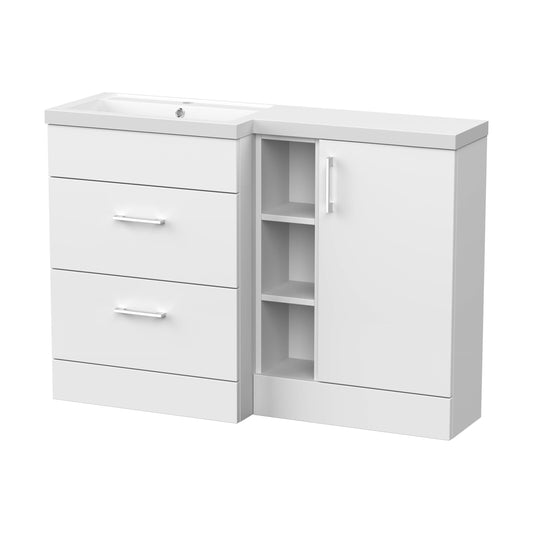 [BFFLR110L] Wichnor Contemporary Floor Standing 1 Door, 2 Drawer Vanity Basin Unit with Open Shelf and Polymarble Basin, 1200mm, Left Hand, Matt White - Cutout