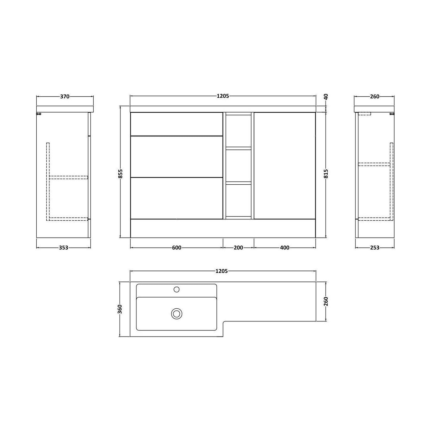 [BFFLR110L] Wichnor Contemporary Floor Standing 1 Door, 2 Drawer Vanity Basin Unit with Open Shelf and Polymarble Basin, 1200mm, Left Hand, Matt White - Technical Drawing