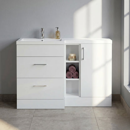 [BFFLR110L] Wichnor Contemporary Floor Standing 1 Door, 2 Drawer Vanity Basin Unit with Open Shelf and Polymarble Basin, 1200mm, Left Hand, Matt White - Silo