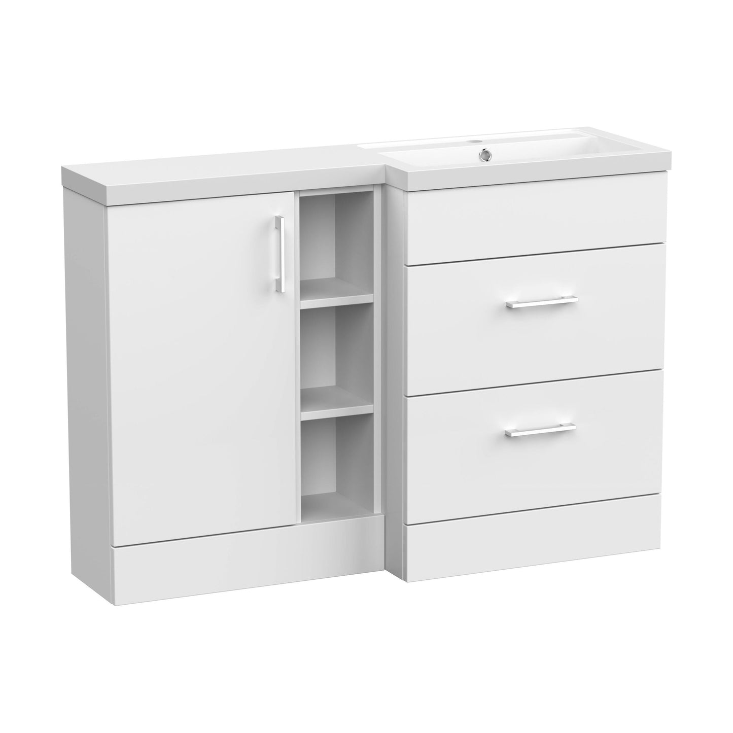 [BFFLR110R] Wichnor Contemporary Floor Standing 1 Door, 2 Drawer Vanity Basin Unit with Open Shelf and Polymarble Basin, 1200mm, Right Hand, Matt White - Cutout