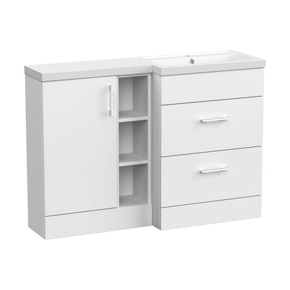 [BFFLR110R] Wichnor Contemporary Floor Standing 1 Door, 2 Drawer Vanity Basin Unit with Open Shelf and Polymarble Basin, 1200mm, Right Hand, Matt White - Cutout