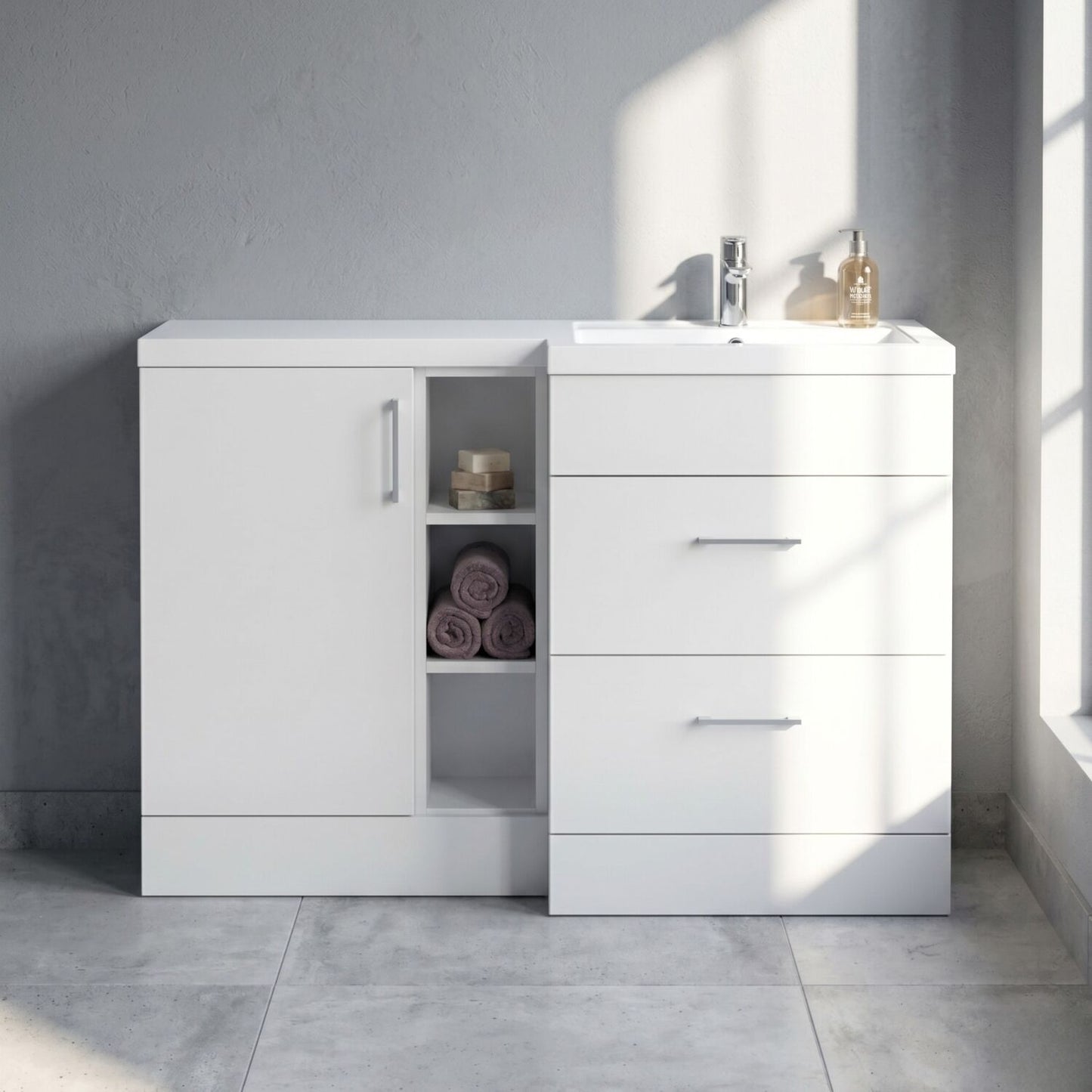 [BFFLR110R] Wichnor Contemporary Floor Standing 1 Door, 2 Drawer Vanity Basin Unit with Open Shelf and Polymarble Basin, 1200mm, Right Hand, Matt White - Silo