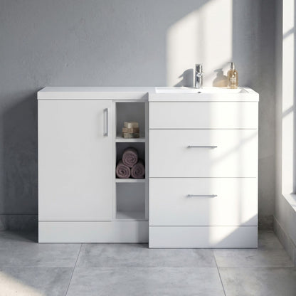 [BFFLR110R] Wichnor Contemporary Floor Standing 1 Door, 2 Drawer Vanity Basin Unit with Open Shelf and Polymarble Basin, 1200mm, Right Hand, Matt White - Silo