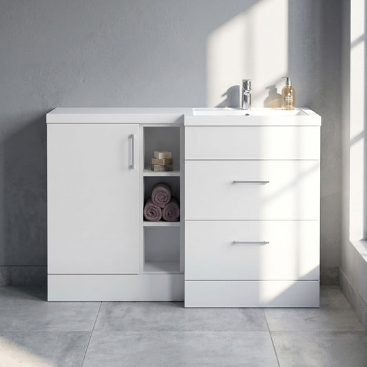 [BFFLR110R] Wichnor Contemporary Floor Standing 1 Door, 2 Drawer Vanity Basin Unit with Open Shelf and Polymarble Basin, 1200mm, Right Hand, Matt White - Silo