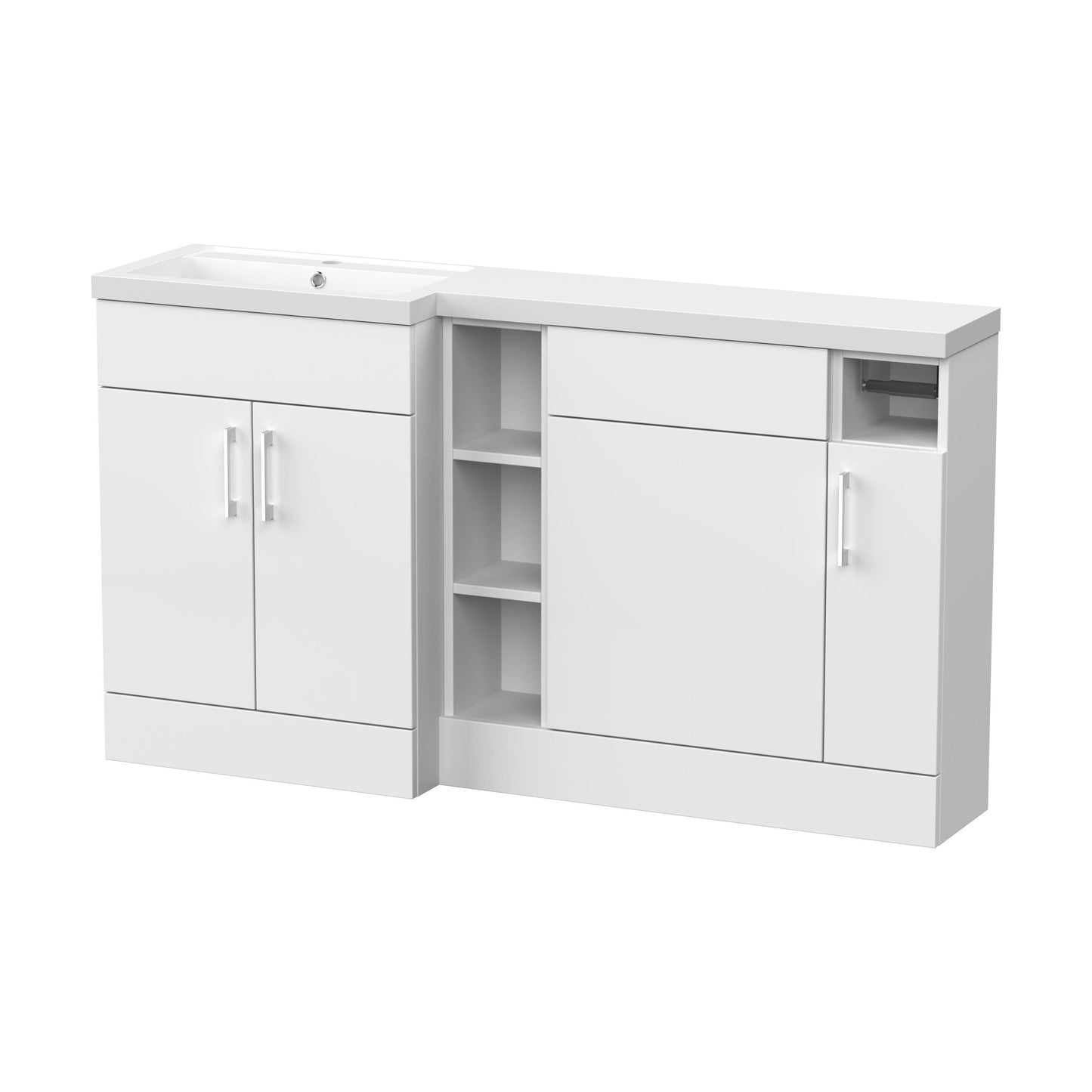 [BFFLR111L] Wichnor Floor Standing 3 Door, Open Shelf Vanity Basin WC Unit with Toilet Roll Holder and Polymarble Basin, 1500mm, Left Hand, Matt White - Cutout