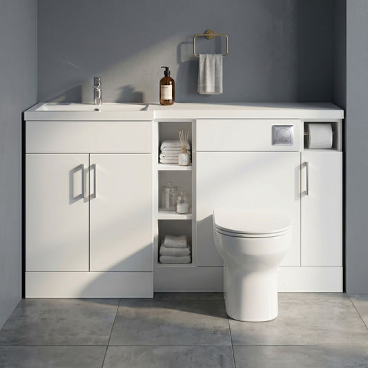 [BFFLR111L] Wichnor Floor Standing 3 Door, Open Shelf Vanity Basin WC Unit with Toilet Roll Holder and Polymarble Basin, 1500mm, Left Hand, Matt White - Silo