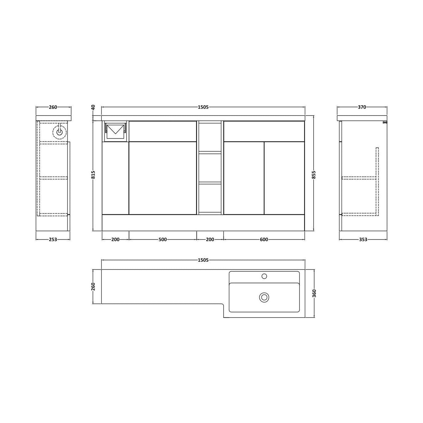 [BFFLR111R] Wichnor Floor Standing 3 Door, Open Shelf Vanity Basin WC Unit with Toilet Roll Holder and Polymarble Basin, 1500mm, Right Hand, Matt White - Technical Drawing