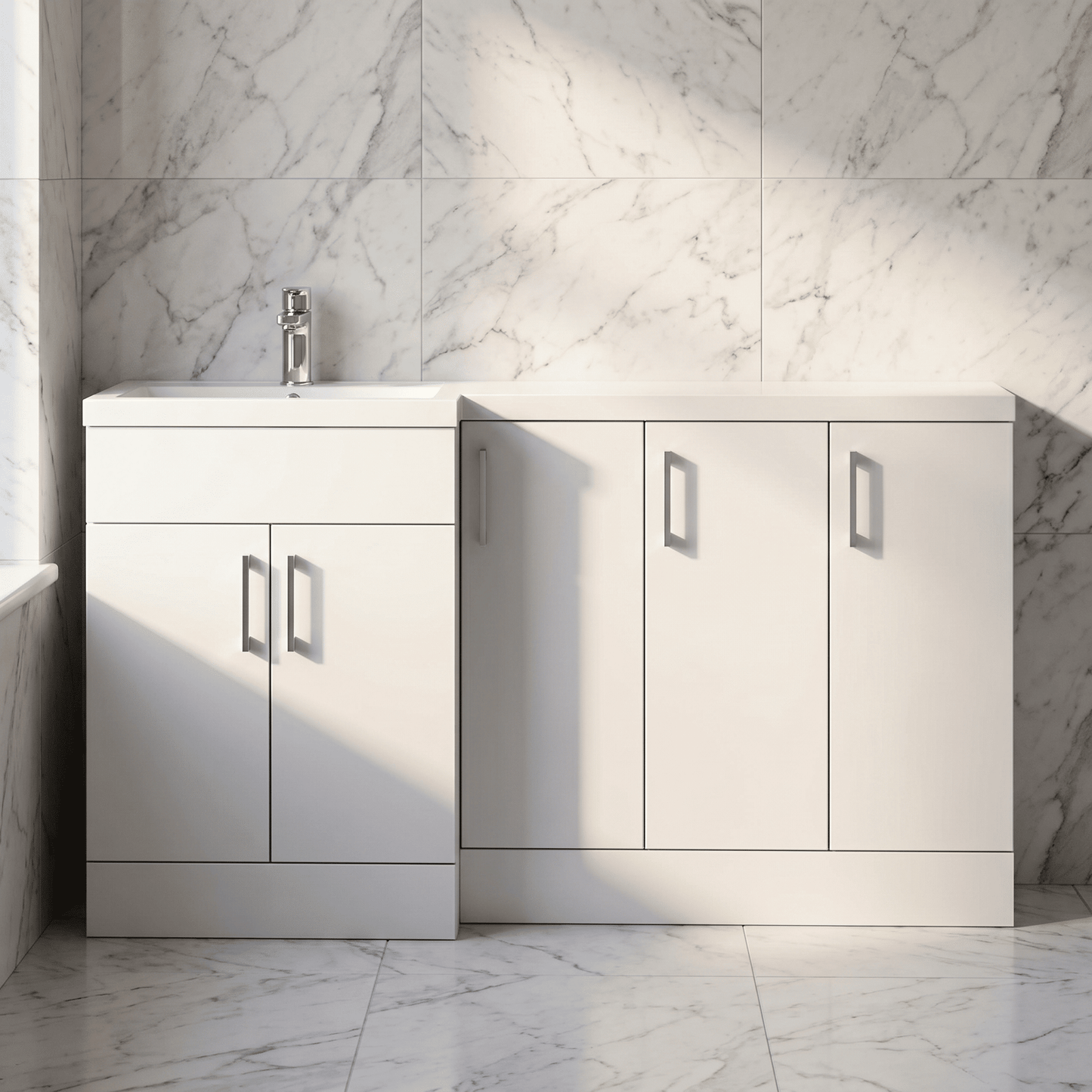 [BFFLR112L] Wichnor Contemporary Floor Standing 5 Door Vanity Basin Combination Unit with Polymarble Basin, 1500mm, Left Hand, Matt White - Silo