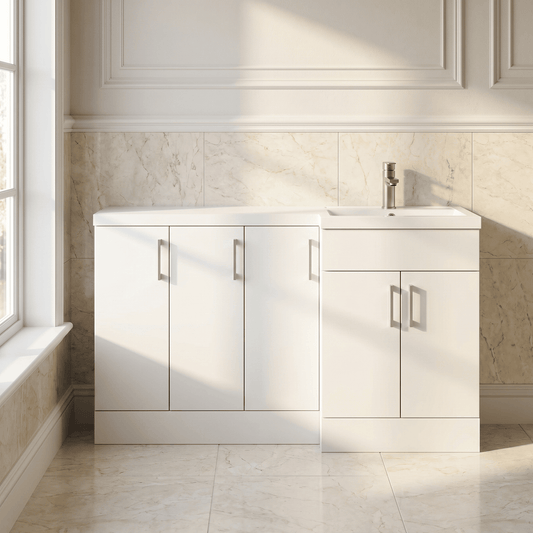 [BFFLR112R] Wichnor Contemporary Floor Standing 5 Door Vanity Basin Combination Unit with Polymarble Basin, 1500mm, Right Hand, Matt White - Silo