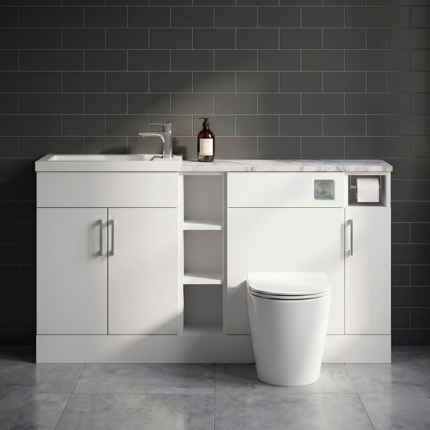 [BFFLR113] Wichnor Contemporary Floor Standing Compact 3 Door Vanity Basin WC Combination Unit with Basin and Worktop, 1500mm, Matt White - Silo