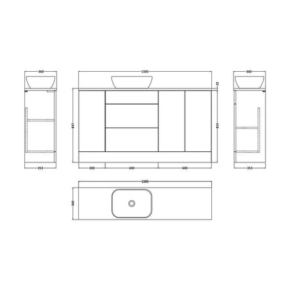 [BFFLR114] Wichnor Contemporary Floor Standing 2 Drawer 3 Door Combination Vanity Basin Unit with Worktop and Countertop Vessel, 1500mm, Matt White - Technical Drawing