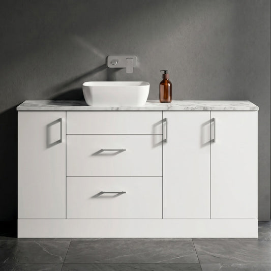 [BFFLR114] Wichnor Contemporary Floor Standing 2 Drawer 3 Door Combination Vanity Basin Unit with Worktop and Countertop Vessel, 1500mm, Matt White - Silo