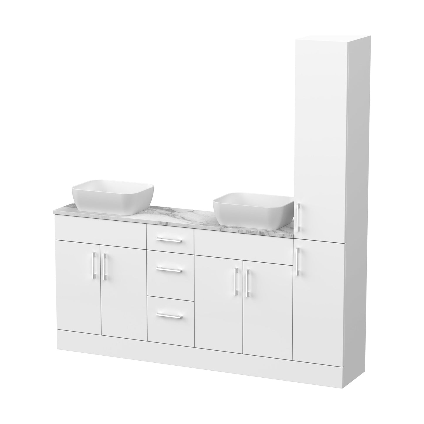 [BFFLR116] Wichnor Floor Standing 4 Door 3 Drawer Vanity Combination Unit with Tall Unit, Laminate Worktop and Countertop Vessel, 1800mm, Matt White - Cutout
