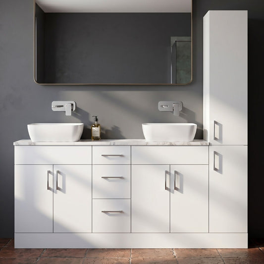 [BFFLR116] Wichnor Floor Standing 4 Door 3 Drawer Vanity Combination Unit with Tall Unit, Laminate Worktop and Countertop Vessel, 1800mm, Matt White - Silo