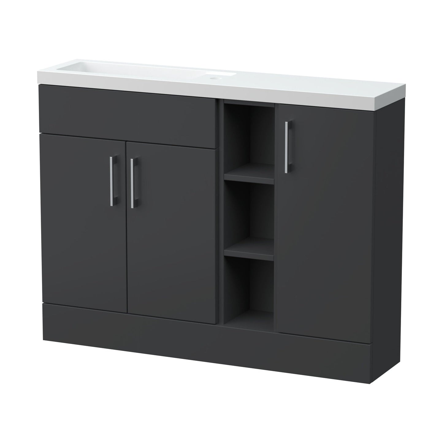 [BFFLR1402] Wichnor Contemporary Floor Standing Compact 3 Door Combination Vanity Basin Unit with Open Shelves and Polymarble Basin, 1100mm, Dark Grey - Cutout