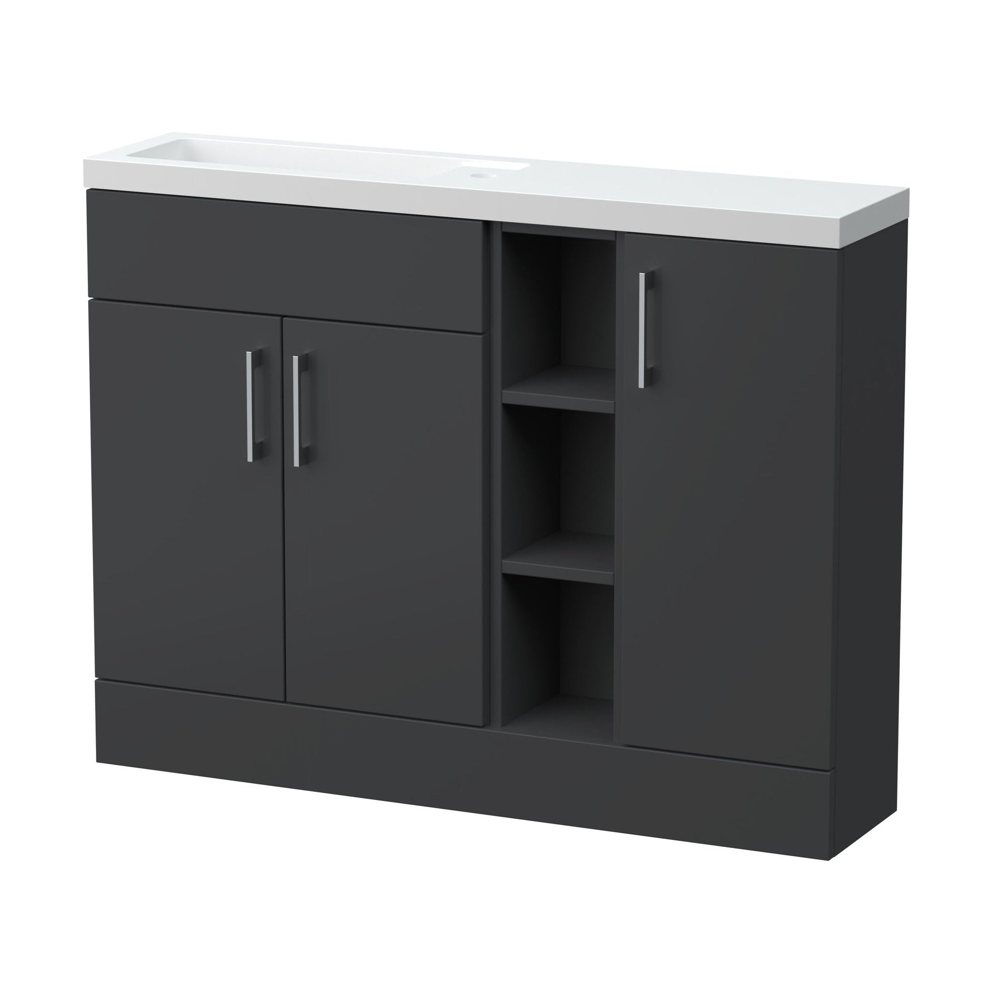 [BFFLR1402] Wichnor Contemporary Floor Standing Compact 3 Door Combination Vanity Basin Unit with Open Shelves and Polymarble Basin, 1100mm, Dark Grey - Cutout