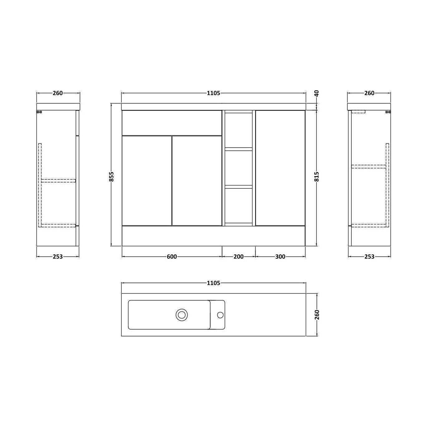 [BFFLR1402] Wichnor Contemporary Floor Standing Compact 3 Door Combination Vanity Basin Unit with Open Shelves and Polymarble Basin, 1100mm, Dark Grey - Technical Drawing
