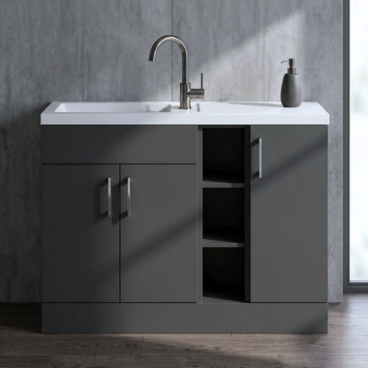 [BFFLR1402] Wichnor Contemporary Floor Standing Compact 3 Door Combination Vanity Basin Unit with Open Shelves and Polymarble Basin, 1100mm, Dark Grey - Silo