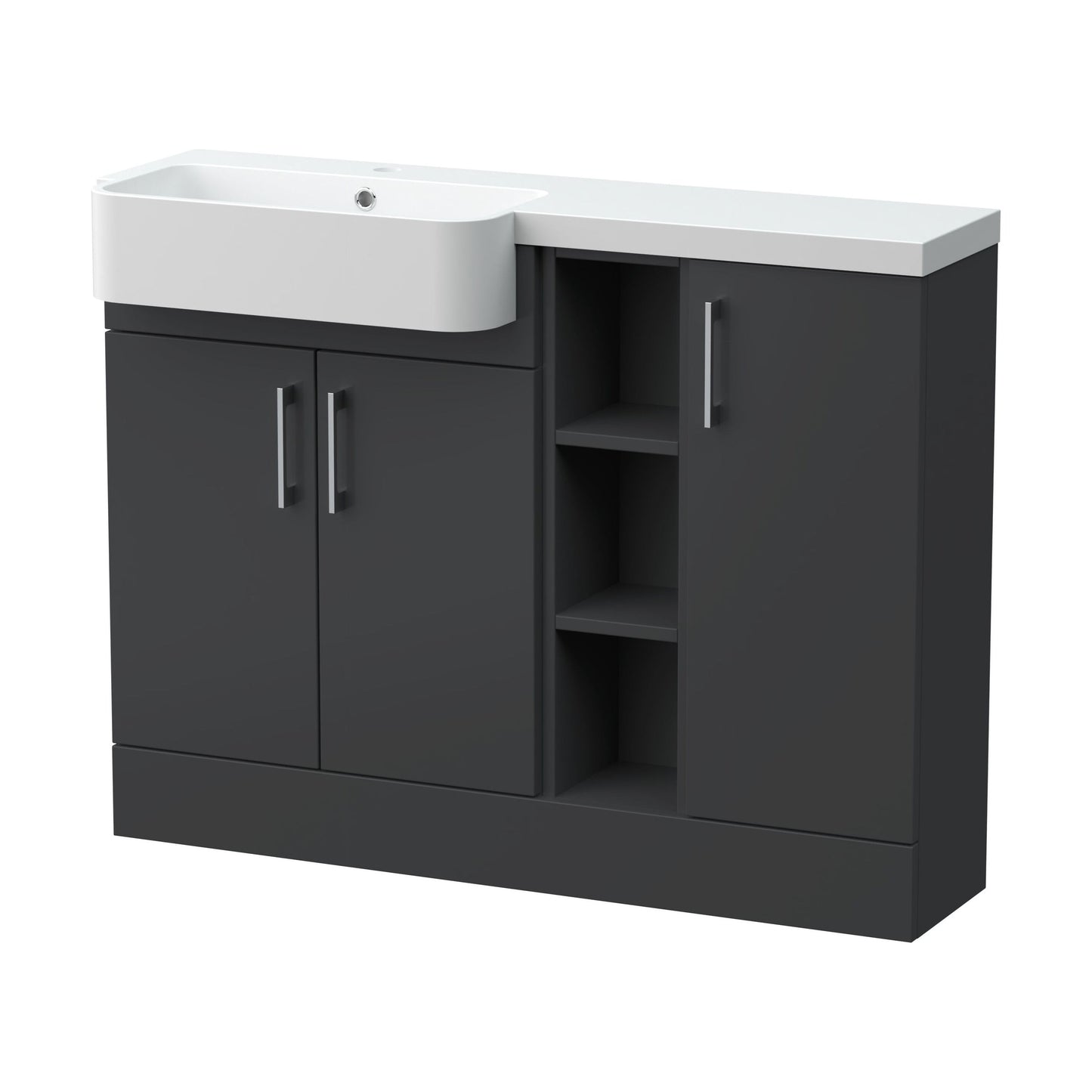 [BFFLR1405L] Wichnor Contemporary Floor Standing Compact 3 Door Combination Vanity Basin Unit with Open Shelves and Polymarble Basin, 1100mm, Left Hand, Dark Grey - Cutout