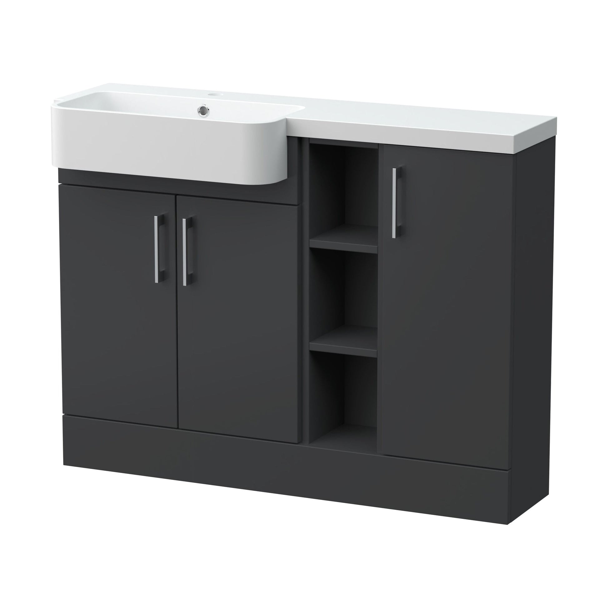 [BFFLR1405L] Wichnor Contemporary Floor Standing Compact 3 Door Combination Vanity Basin Unit with Open Shelves and Polymarble Basin, 1100mm, Left Hand, Dark Grey - Cutout