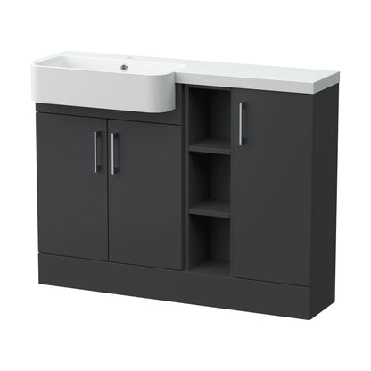 [BFFLR1405L] Wichnor Contemporary Floor Standing Compact 3 Door Combination Vanity Basin Unit with Open Shelves and Polymarble Basin, 1100mm, Left Hand, Dark Grey - Cutout
