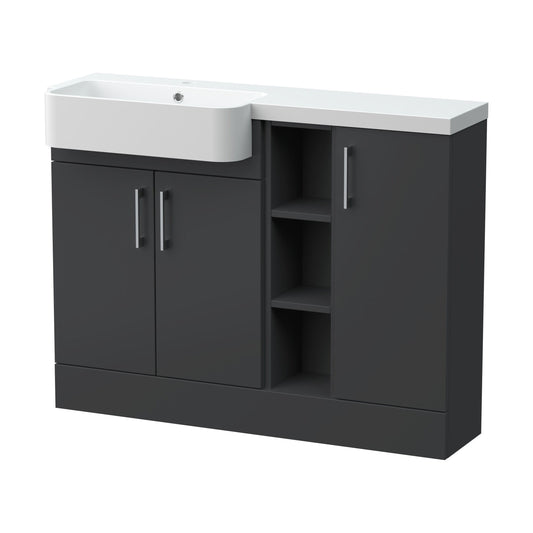 [BFFLR1405L] Wichnor Contemporary Floor Standing Compact 3 Door Combination Vanity Basin Unit with Open Shelves and Polymarble Basin, 1100mm, Left Hand, Dark Grey - Cutout