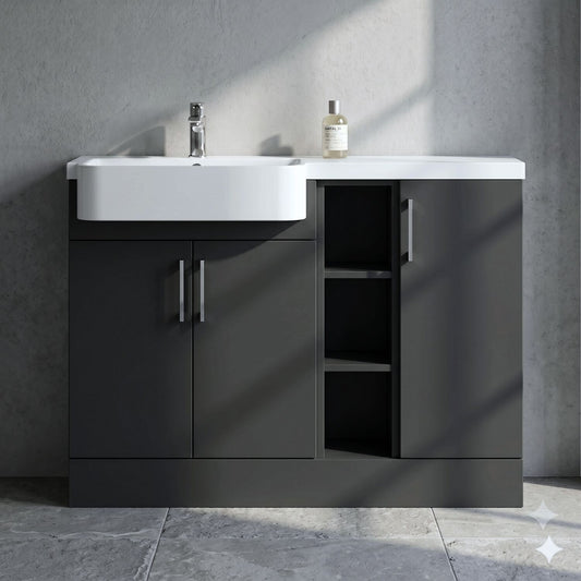 [BFFLR1405L] Wichnor Contemporary Floor Standing Compact 3 Door Combination Vanity Basin Unit with Open Shelves and Polymarble Basin, 1100mm, Left Hand, Dark Grey - Silo