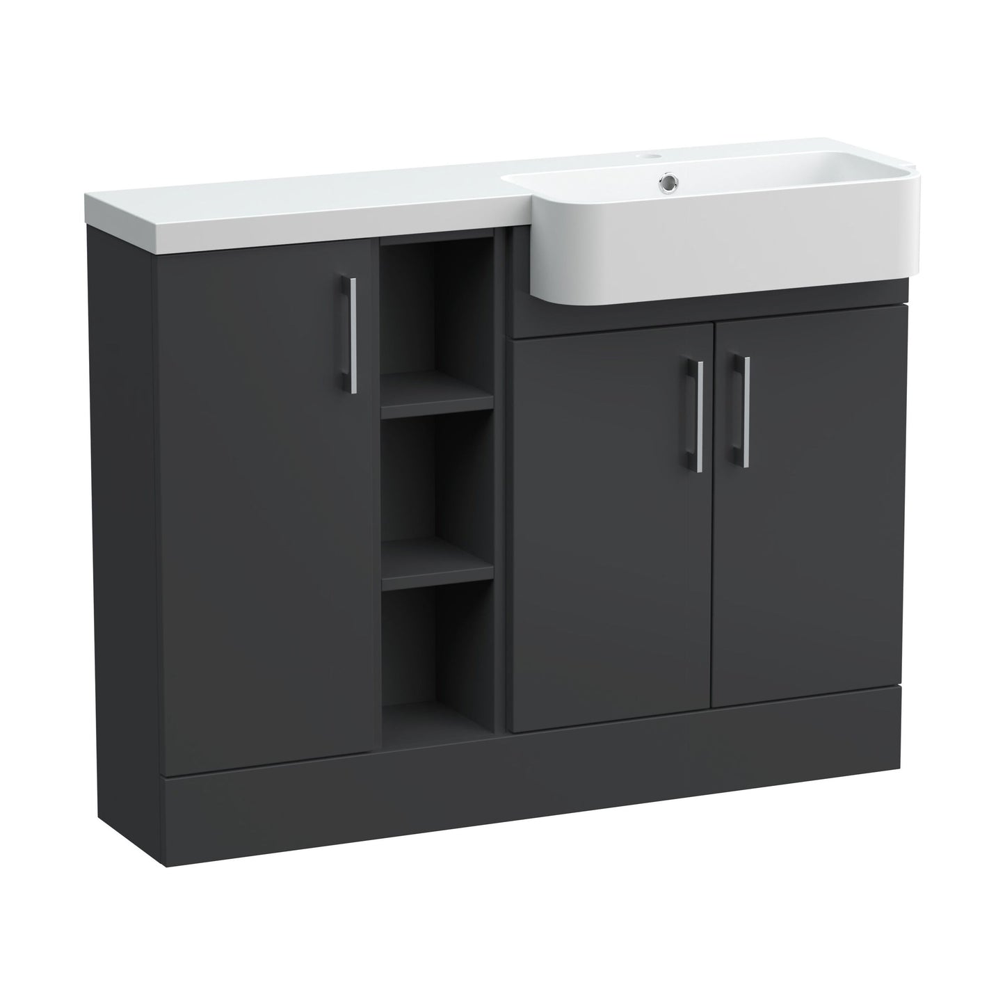 [BFFLR1405R] Wichnor Contemporary Floor Standing Compact 3 Door Combination Vanity Basin Unit with Open Shelves and Polymarble Basin, 1100mm, Right Hand, Dark Grey - Cutout