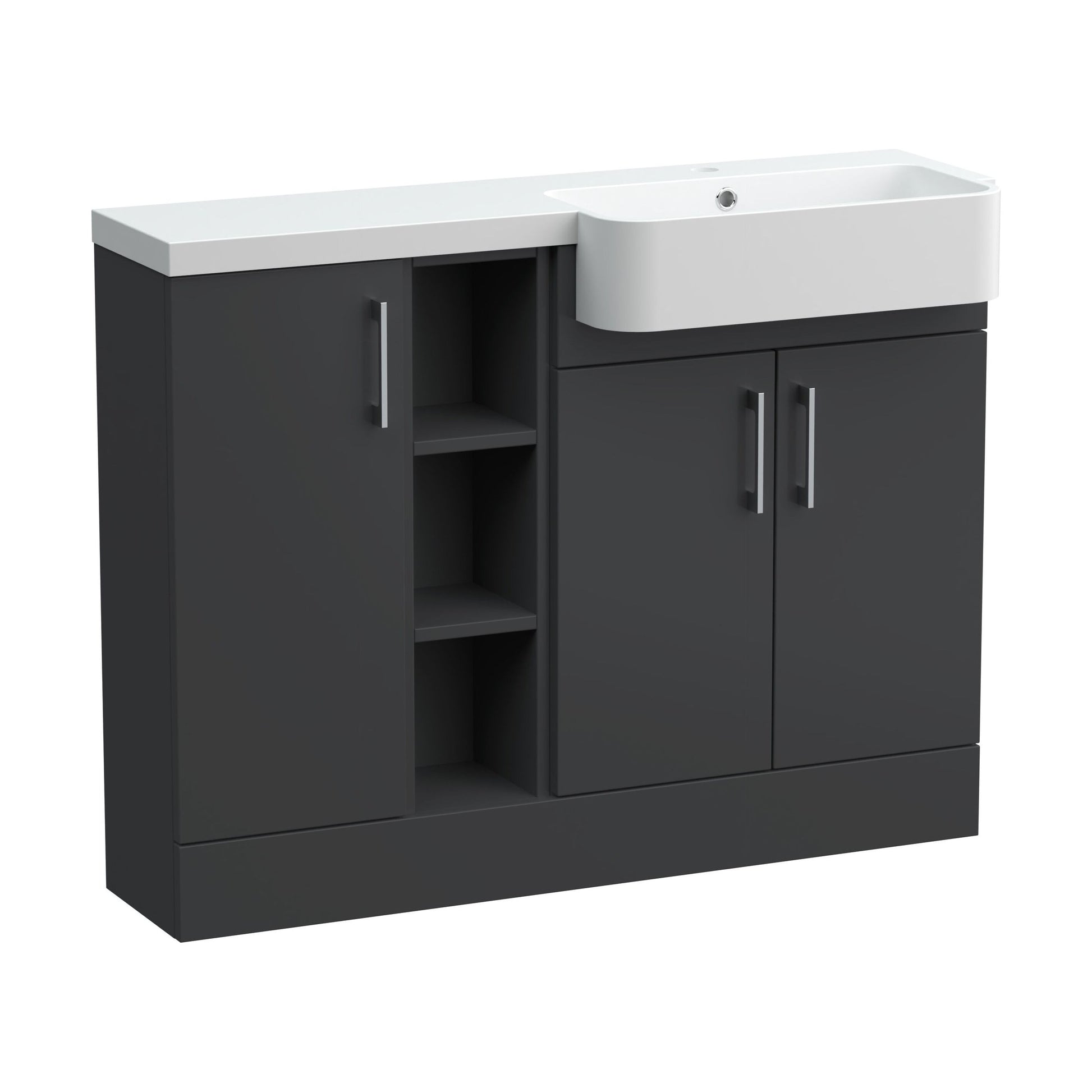 [BFFLR1405R] Wichnor Contemporary Floor Standing Compact 3 Door Combination Vanity Basin Unit with Open Shelves and Polymarble Basin, 1100mm, Right Hand, Dark Grey - Cutout