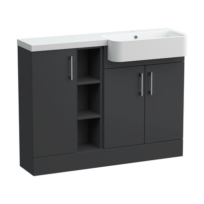 [BFFLR1405R] Wichnor Contemporary Floor Standing Compact 3 Door Combination Vanity Basin Unit with Open Shelves and Polymarble Basin, 1100mm, Right Hand, Dark Grey - Cutout