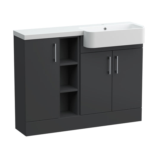 [BFFLR1405R] Wichnor Contemporary Floor Standing Compact 3 Door Combination Vanity Basin Unit with Open Shelves and Polymarble Basin, 1100mm, Right Hand, Dark Grey - Cutout