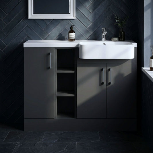 [BFFLR1405R] Wichnor Contemporary Floor Standing Compact 3 Door Combination Vanity Basin Unit with Open Shelves and Polymarble Basin, 1100mm, Right Hand, Dark Grey - Silo