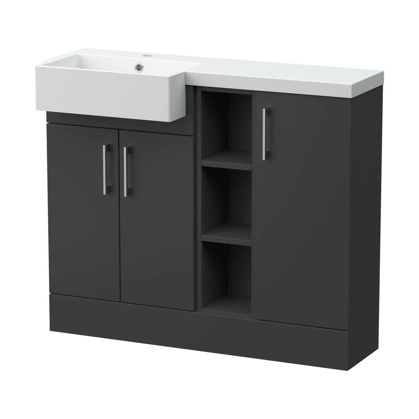 [BFFLR1406L] Wichnor Contemporary Floor Standing Compact 3 Door Combination Vanity Basin Unit with Open Shelves and Polymarble Basin, 1000mm, Left Hand, Dark Grey - Cutout