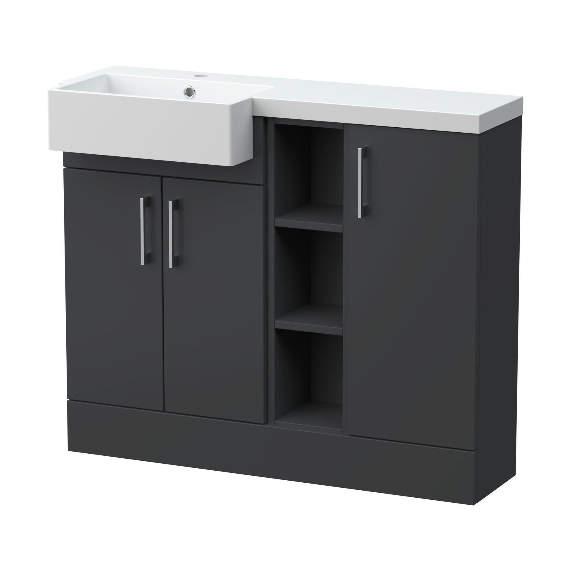 [BFFLR1406L] Wichnor Contemporary Floor Standing Compact 3 Door Combination Vanity Basin Unit with Open Shelves and Polymarble Basin, 1000mm, Left Hand, Dark Grey - Cutout