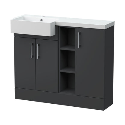 [BFFLR1406L] Wichnor Contemporary Floor Standing Compact 3 Door Combination Vanity Basin Unit with Open Shelves and Polymarble Basin, 1000mm, Left Hand, Dark Grey - Cutout