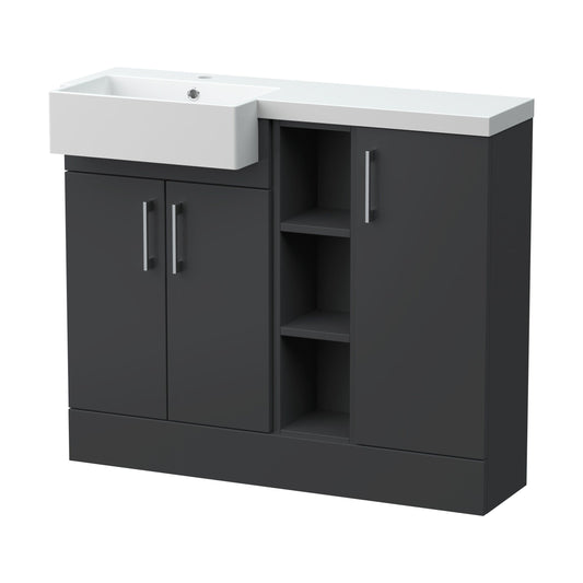 [BFFLR1406L] Wichnor Contemporary Floor Standing Compact 3 Door Combination Vanity Basin Unit with Open Shelves and Polymarble Basin, 1000mm, Left Hand, Dark Grey - Cutout