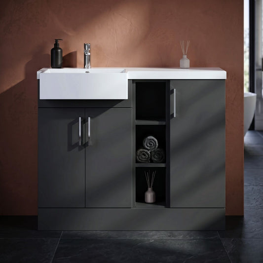 [BFFLR1406L] Wichnor Contemporary Floor Standing Compact 3 Door Combination Vanity Basin Unit with Open Shelves and Polymarble Basin, 1000mm, Left Hand, Dark Grey - Silo