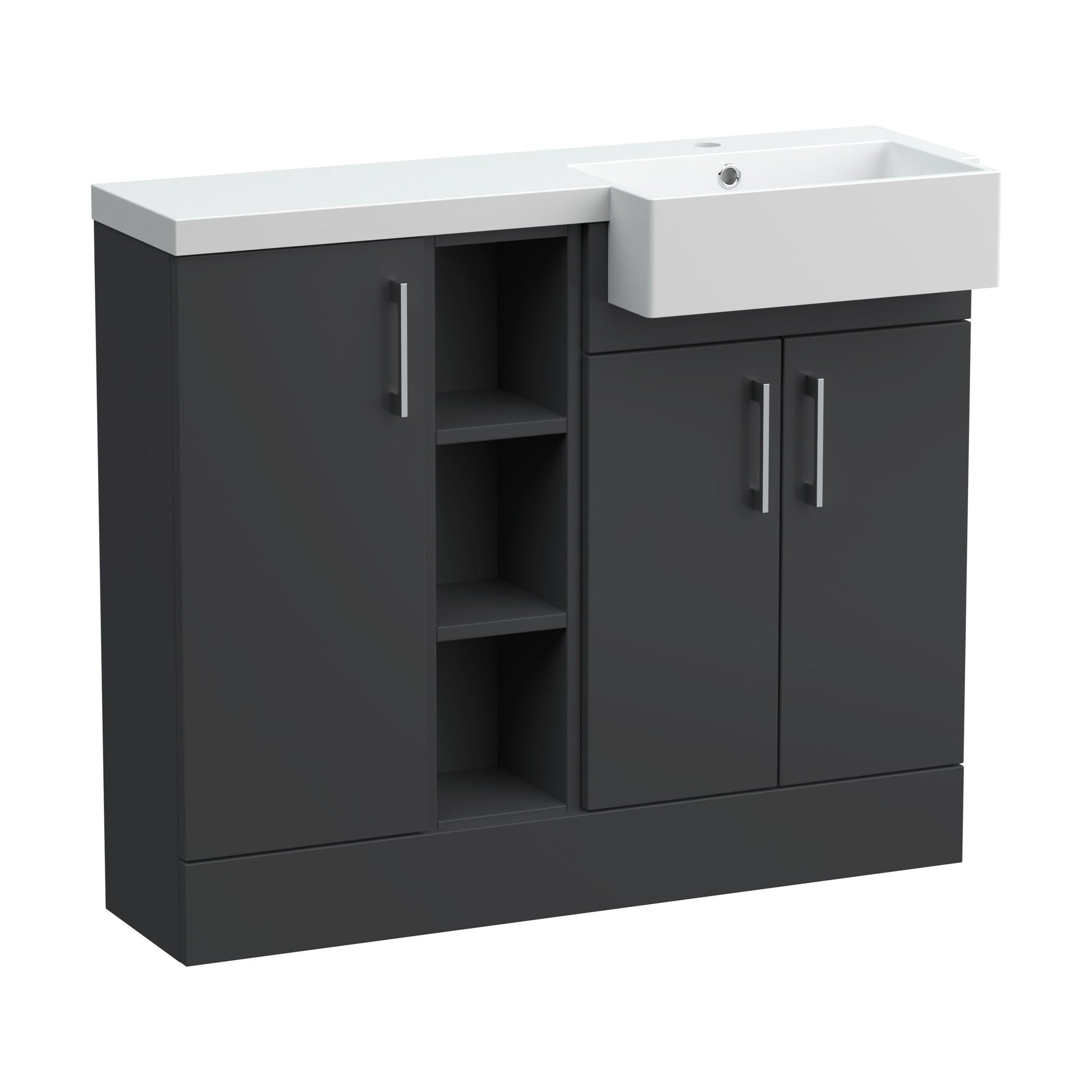 [BFFLR1406R] Wichnor Contemporary Floor Standing Compact 3 Door Combination Vanity Basin Unit with Open Shelves and Polymarble Basin, 1000mm, Right Hand, Dark Grey - Cutout